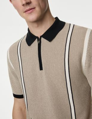 M&S Mens Cotton Rich Textured Knitted Polo Shirt - SREG - Navy Mix, Navy Mix