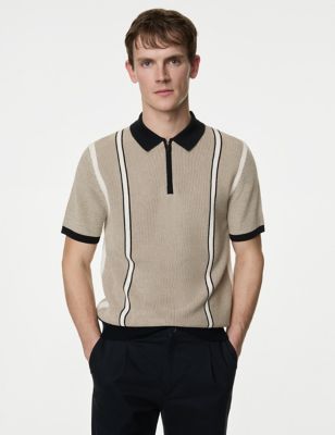 M&S Mens Cotton Rich Textured Knitted Polo Shirt - SREG - Navy Mix, Navy Mix