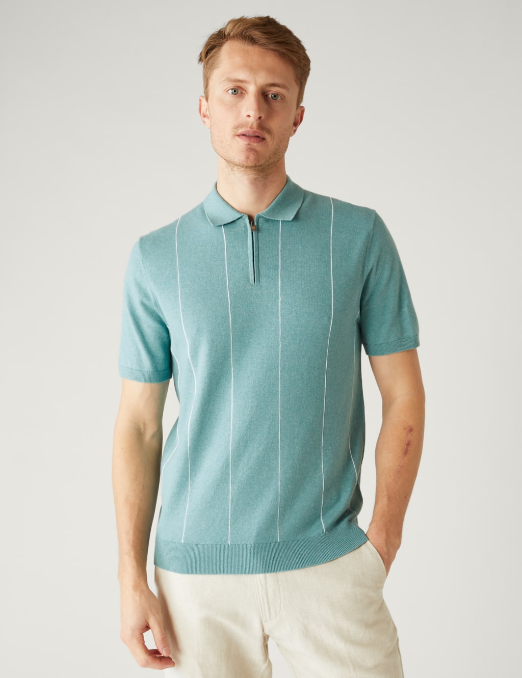 Cotton Rich Striped Knitted Polo Shirt image 1