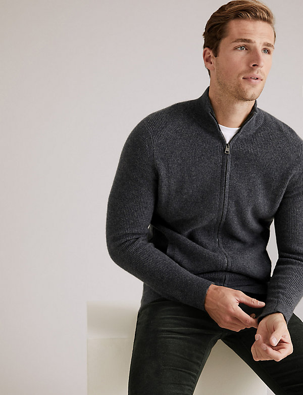 Pure Cashmere Textured Zip Up Cardigan - AT