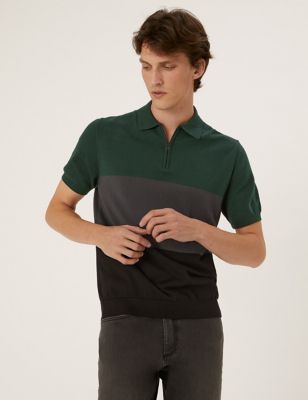 

Mens M&S Collection Cotton Rich Zip Neck Knitted Polo Shirt - Green, Green