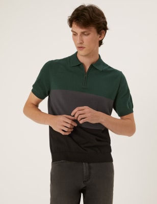 

Mens M&S Collection Strick-Poloshirt mit hohem Baumwollanteil und Reißverschlusskragen - Green, Green