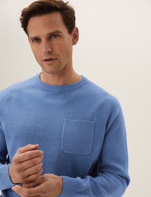 

Mens M&S Collection Pullover aus reiner Baumwolle mit Tasche und Rundhalsausschnitt - Mid Blue, Mid Blue