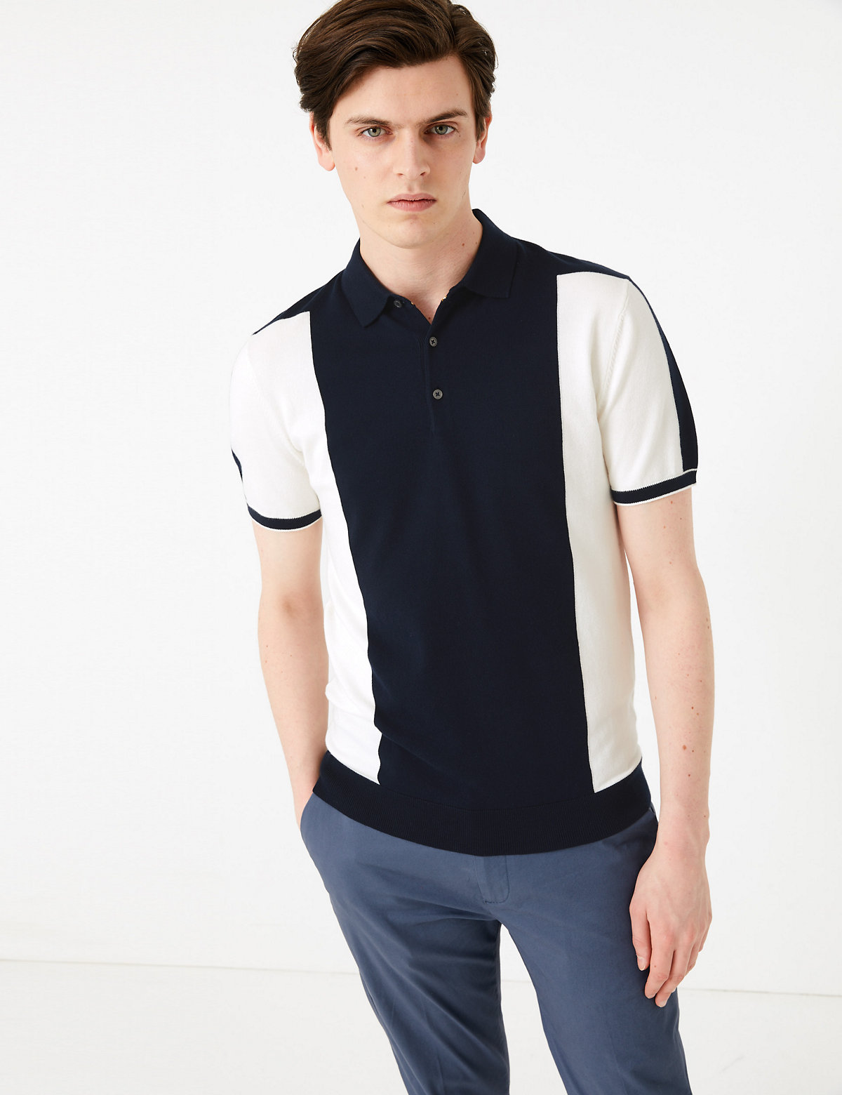 Cotton Colour Block Knitted Polo Shirt