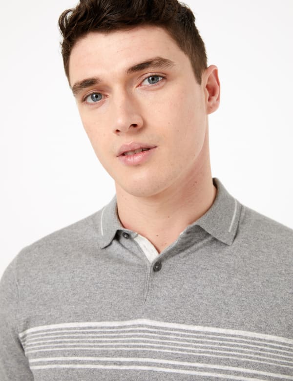 Cotton Chest Stripe Knitted Polo Shirt