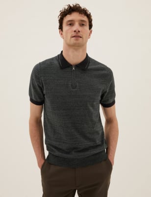 

Mens M&S Collection Gestricktes Kurzarm-Poloshirt mit hohem Baumwollanteil - Dark Green Mix, Dark Green Mix