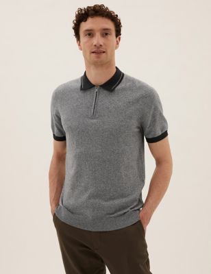 Cotton Striped Zip Neck Knitted Polo Shirt - OM
