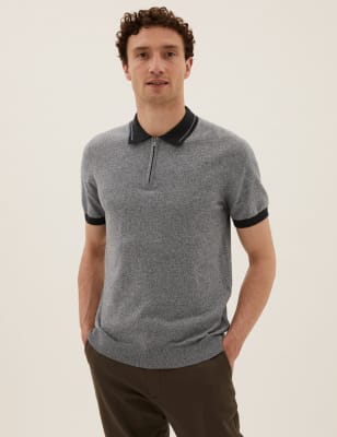 Cotton Striped Zip Neck Knitted Polo Shirt - FR