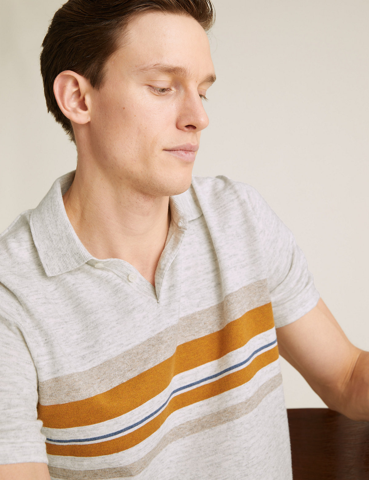 Cotton Chest Stripe Knitted Polo Shirt