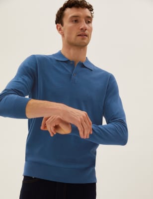 

M&S Collection Polo de punto de manga larga de algodónMens - Blue, Blue