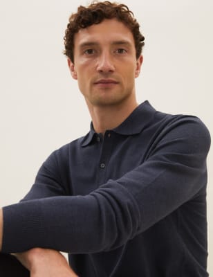 

Mens M&S Collection Gestricktes Poloshirt mit hohem Baumwollanteil und langen Ärmeln - Navy, Navy