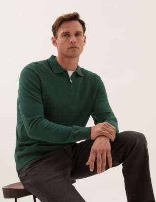 

Mens M&S Collection Cotton Textured Zip Neck Knitted Polo Shirt - Green, Green