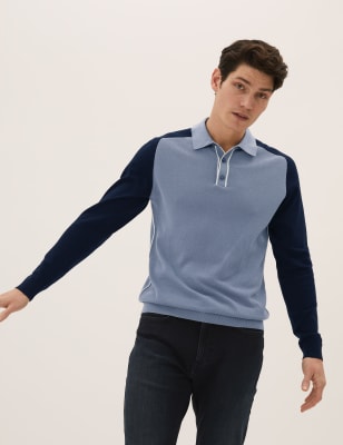 

Mens M&S Collection Strick-Poloshirt aus Baumwolle und Modal mit Strukturmuster - Blue Mix, Blue Mix