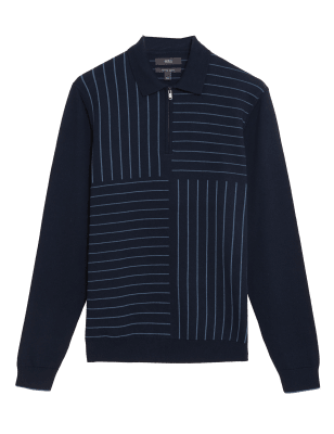 

Mens M&S Collection Strick-Poloshirt aus Baumwolle und Modal mit Streifenmuster - Dark Navy Mix, Dark Navy Mix