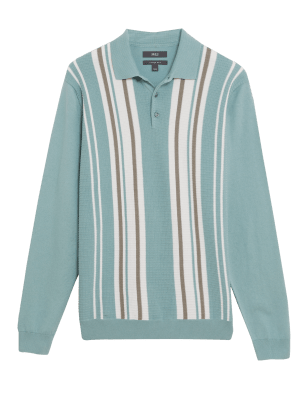 

Mens M&S Collection Cotton Rich Striped Knitted Polo Shirt - Smokey Green, Smokey Green