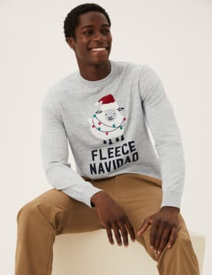 

Mens M&S Collection Pure Cotton Slogan Christmas Jumper - Grey Mix, Grey Mix