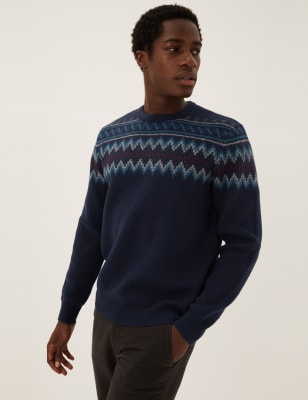 

Mens M&S Collection Fair Isle Crew Neck Jumper - Dark Navy, Dark Navy