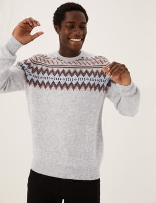 

Mens M&S Collection Fair Isle Crew Neck Jumper - Light Grey Mix, Light Grey Mix