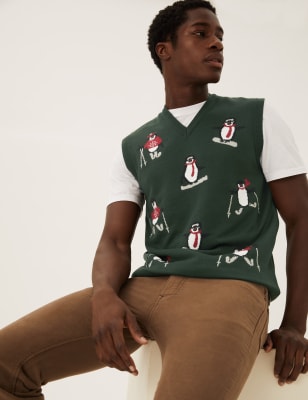 

Mens M&S Collection Sleeveless Penguin Christmas Jumper - Green, Green