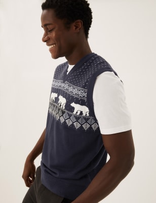 

Mens M&S Collection Polar Bear Fair Isle Sleeveless Jumper - Navy, Navy