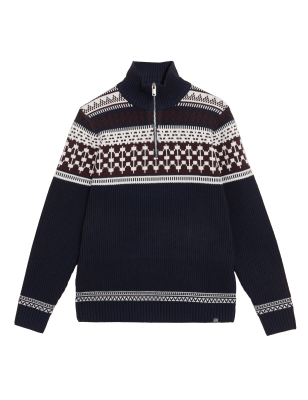 

Mens M&S Collection Cotton Blend Fair Isle Half Zip Jumper - Navy Mix, Navy Mix