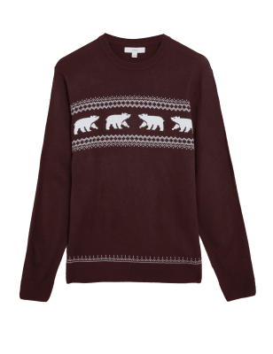 

Mens M&S Collection Polar Bear Crew Neck Christmas Jumper - Burgundy, Burgundy