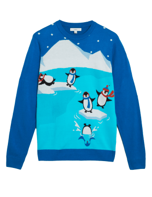 

Mens M&S Collection Penguin Christmas Jumper - Blue, Blue