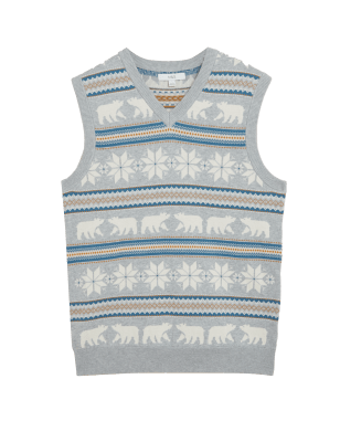 

Mens M&S Collection Pure Cotton Sleeveless Fair Isle Christmas Jumper - Grey, Grey