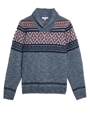 

Mens M&S Collection Fair Isle Shawl Collar Jumper - Grey Mix, Grey Mix