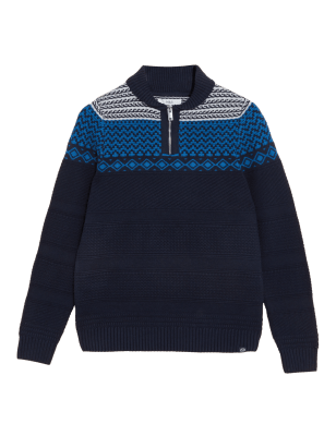 

M&S Collection Jersey Fair Isle con algodón y media cremalleraMens - Navy Mix, Navy Mix
