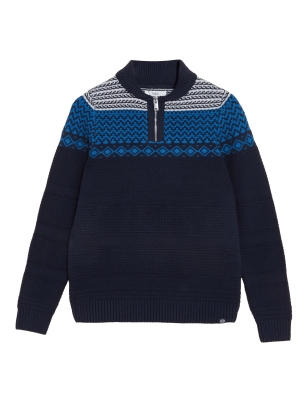 

Mens M&S Collection Cotton Blend Fair Isle Half Zip Jumper - Navy Mix, Navy Mix