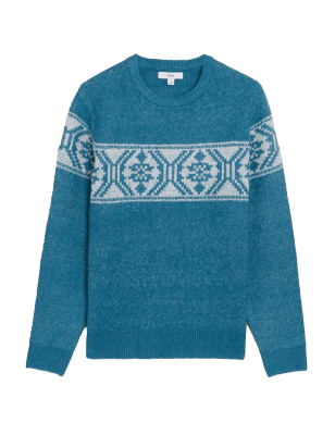 

Mens M&S Collection Fair Isle Chest Stripe Crew Neck Jumper - Blue Mix, Blue Mix