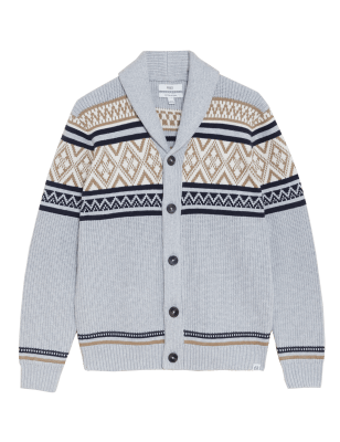 

Mens M&S Collection Cotton Blend Fair Isle Cardigan - Grey Mix, Grey Mix