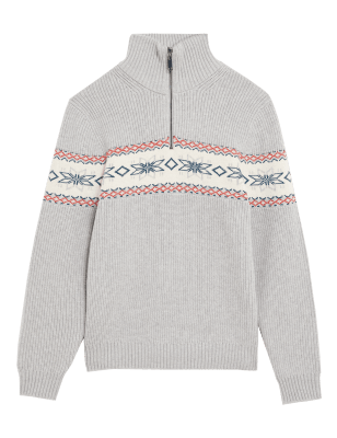 

Mens M&S Collection Pullover aus Baumwollmischung mit Norwegermuster - Grey Mix, Grey Mix