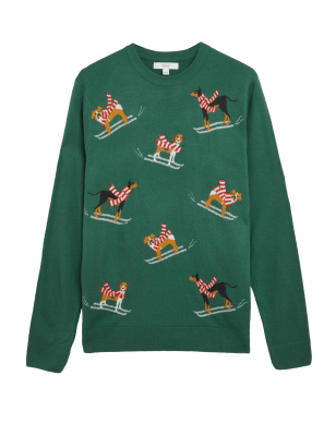 

Mens M&S Collection Dog Christmas Crew Neck Jumper - Green, Green