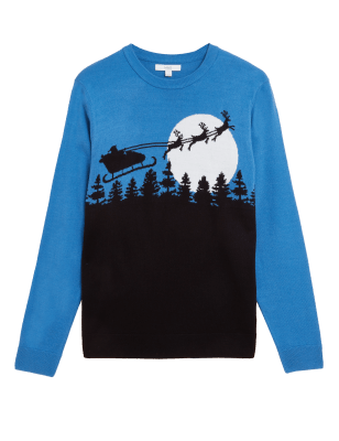 

Mens M&S Collection Sleigh Scene Crew Neck Christmas Jumper - Blue Mix, Blue Mix