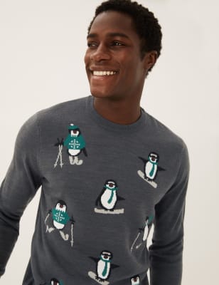 

Mens M&S Collection Lustiger Weihnachtspullover mit Pinguinmotiv - Navy Mix, Navy Mix