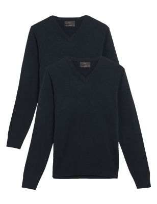 

Mens M&S Collection 2pk Cashmilon V-Neck Jumpers - Navy, Navy