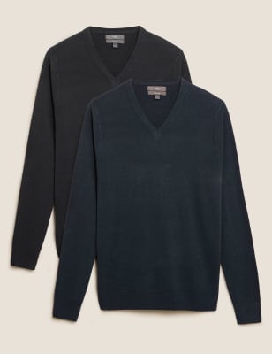 

Mens M&S Collection 2 Pack Cashmilon V-Neck Jumpers - Navy Mix, Navy Mix