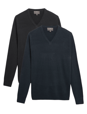 

Mens M&S Collection 2pk Cashmilon V-Neck Jumpers - Navy Mix, Navy Mix