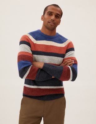 Men’s Vintage Sweaters History 20s, 30s, 40s, 50s, 60s, 70s, 80s Mens MS Collection Super Soft Striped Crew Neck Jumper - Orange Mix Orange Mix $32.50 AT vintagedancer.com