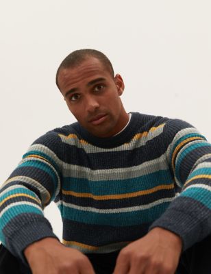 Marks And Spencer Mens M&S Collection Supersoft Striped Ribbed Crew Neck Jumper - Blue Mix