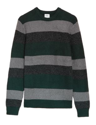 Mens M&S Collection Super Soft Striped Ribbed Crew Neck Jumper - Green Mix