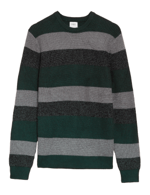 Mens M&S Collection Super Soft Striped Ribbed Crew Neck Jumper - Green Mix