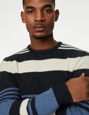 

Mens M&S Collection Supersoft Striped Chunky Crew Neck Jumper - Navy Mix, Navy Mix