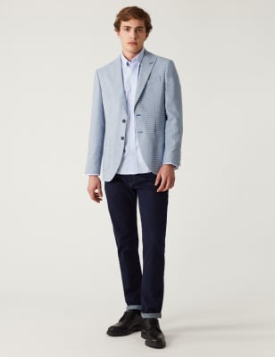 

Mens M&S Collection Linen Blend Puppytooth Jacket - Blue, Blue