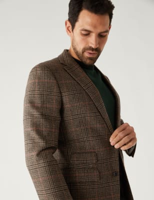 Marks And Spencer M&S SARTORIAL Pure British Wool Check Jacket - Brown, Brown