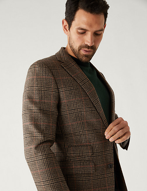 Marks And Spencer M&S SARTORIAL Pure British Wool Check Jacket - Brown, Brown