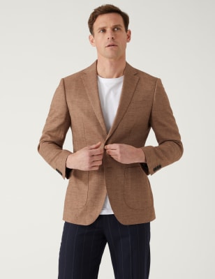 

Mens M&S Collection Jacke aus Leinenmischgewebe mit Fischgrätmuster - Brown, Brown