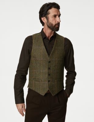 

Mens M&S SARTORIAL Tailored Fit British Pure Wool Check Waistcoat - Green, Green